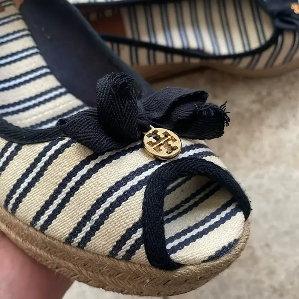 Tory Burch Jackie Striped Peep-Toe Wedge sandal Ivory Navy